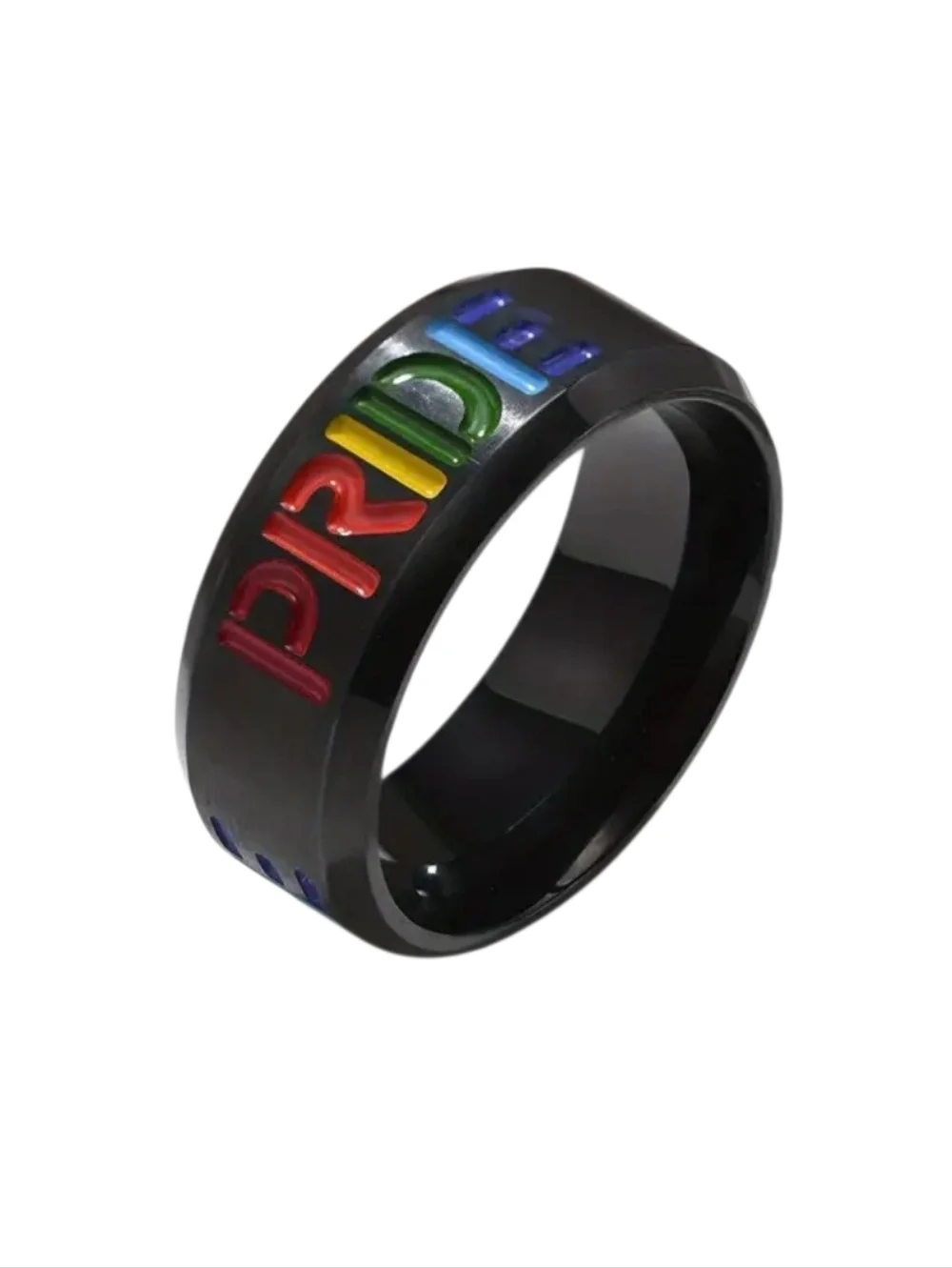New Stainless Steel Black PRIDE Ring with Rainbow Lettering Size 11